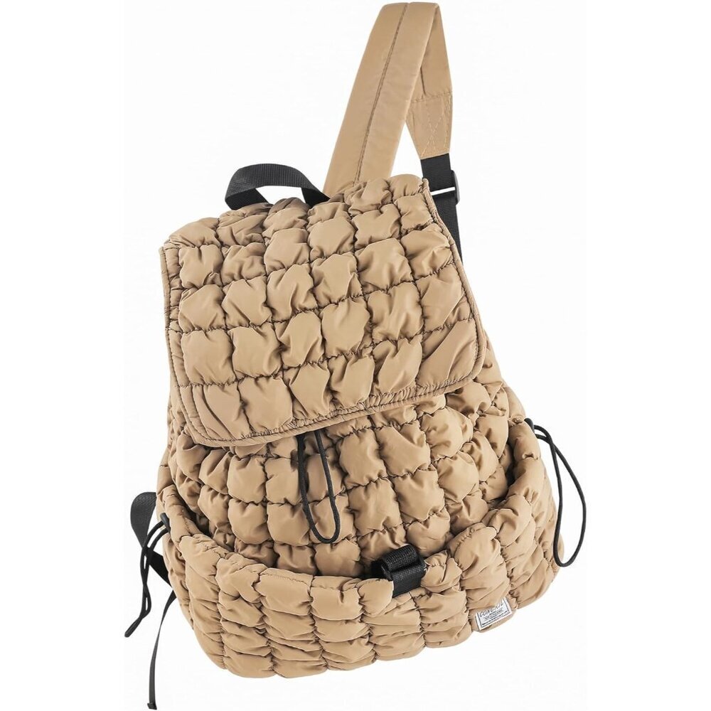 Women's Khaki Quilted Puffer Imported Drawstring Magnetic Closure Backpack